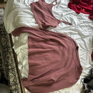 SHEIN Pink Waffle Knit Lounge Set